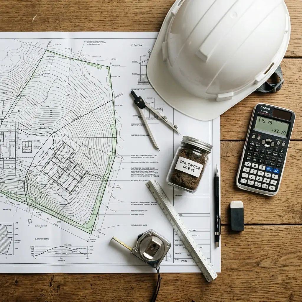 Documentos técnicos, planos y mapas de un estudio de impacto ambiental sobre una mesa de trabajo
