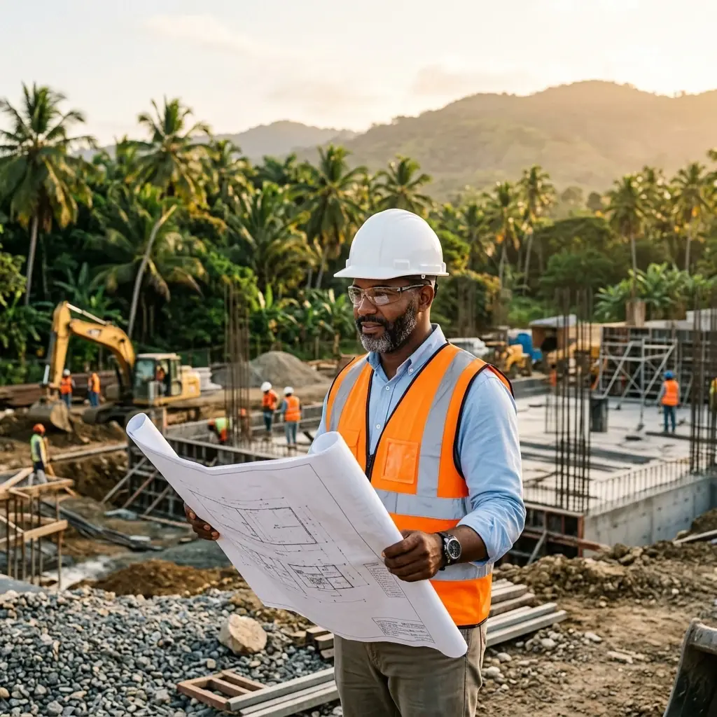 Consultor ambiental revisando planos en un proyecto de desarrollo en República Dominicana