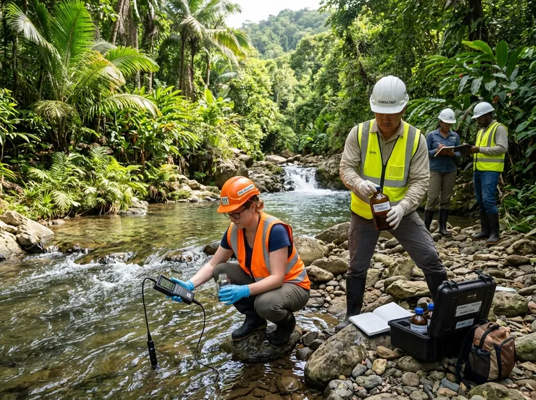 Técnicos con equipo de protección midiendo y tomando muestras de agua en un arroyo